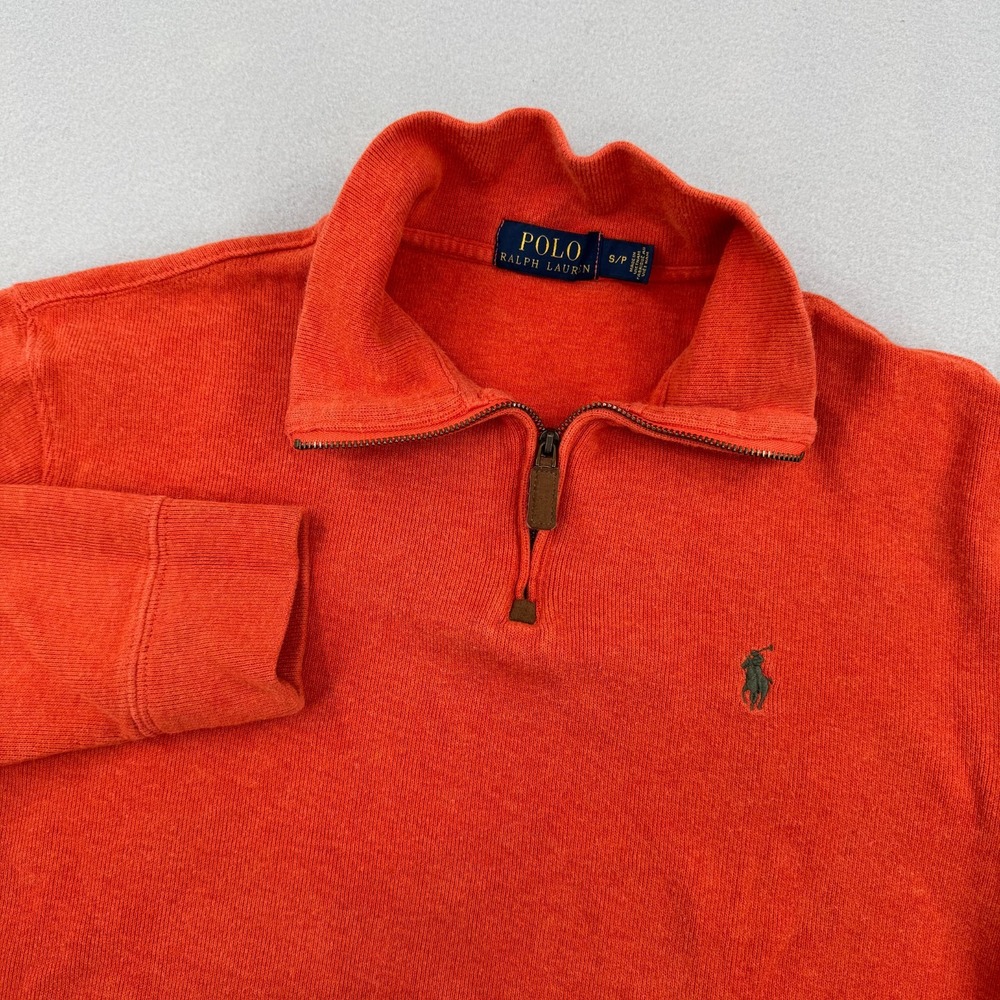 Polo Ralph Lauren Mens Small 1/4 Zip Pullover Sweater Orange Preppy Casual Ivy